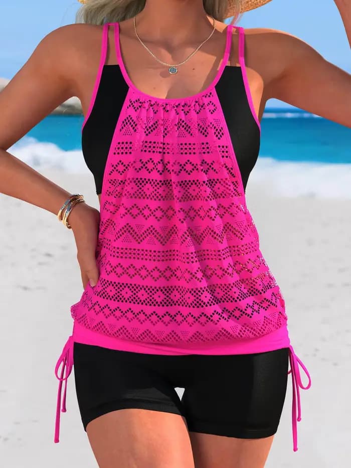 Rose vif Patchwork deux pièces maillot de bain femmes cordon côté débardeur taille haute court Tankini plage