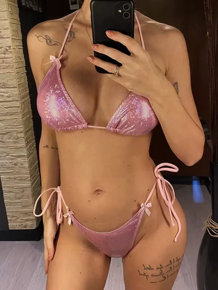 Maillot de bain femme deux pièces à paillettes scintillantes, style halter avec nœud, coupe haute