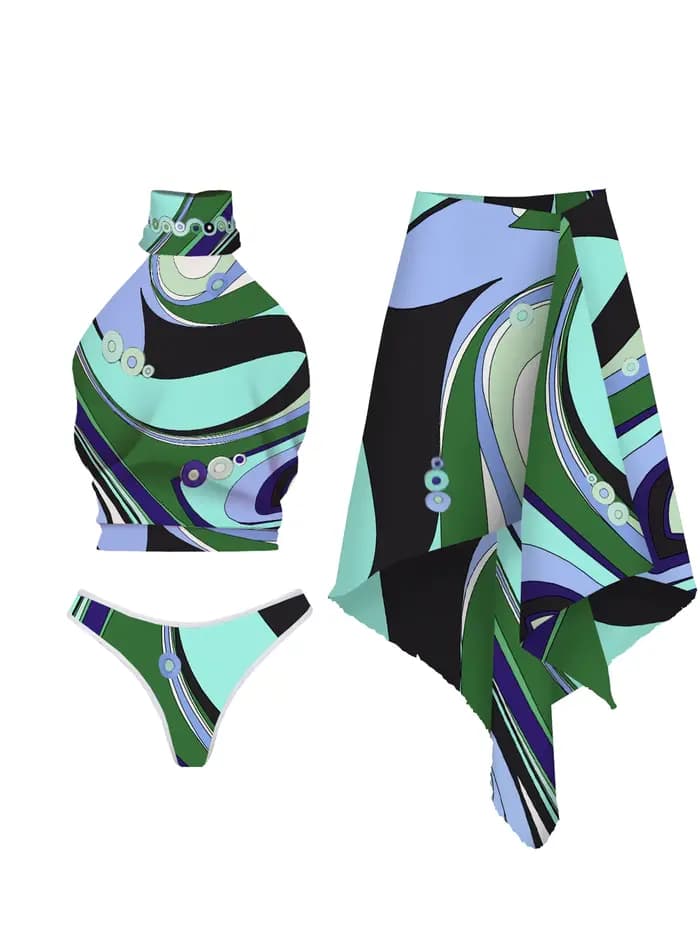 Nouveau Maillot de Bain Deux Pièces Tendance pour Femme 2026 - Design Vert et Bleu Audacieux avec Monokini Halter Unique