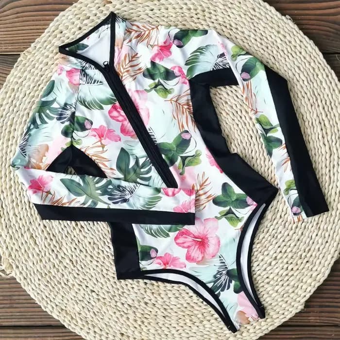 Maillot de bain une pièce à imprimé floral pour femmes, monokini à manches longues, tenue de plage