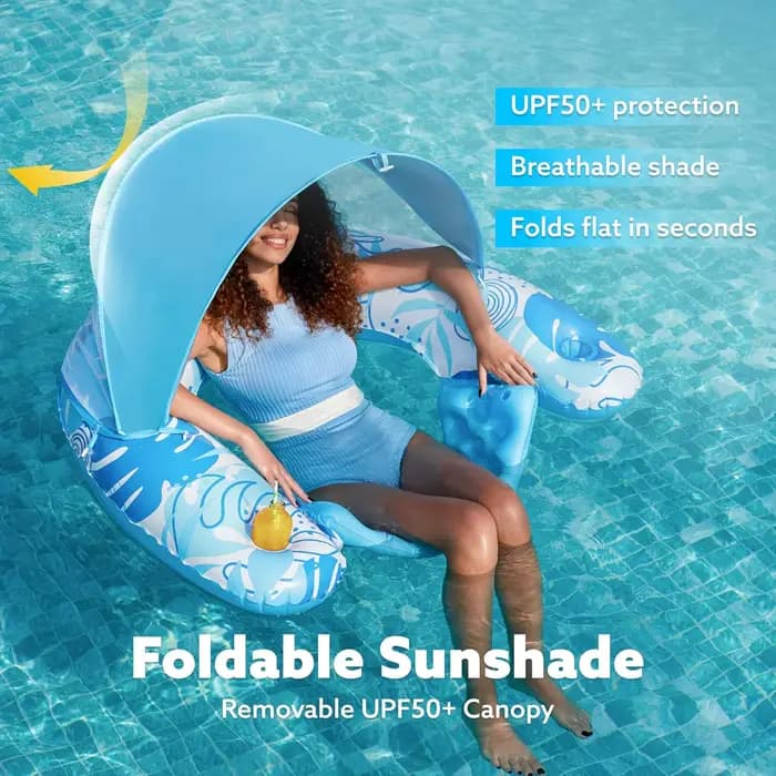Fauteuil flottant gonflable pour piscine avec auvent pare-soleil, chaise inclinable flottante en forme de U avec porte-gobelets, radeau pour piscine et plage