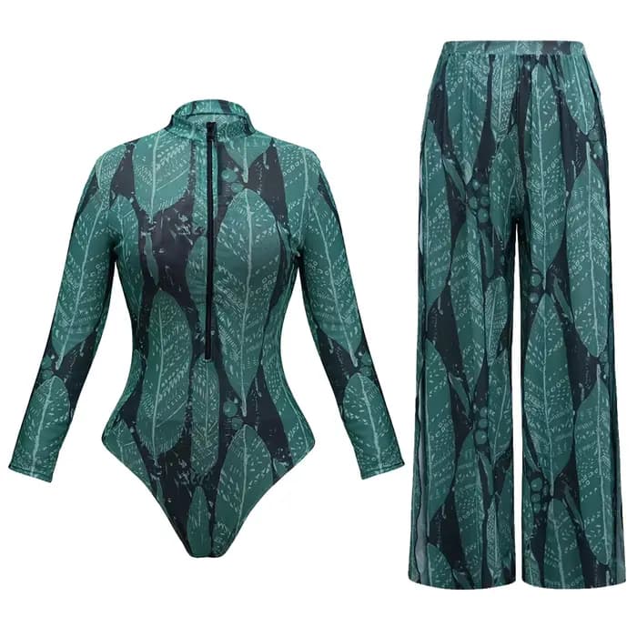 Manches longues crème solaire maillot de bain pantalons longs ensemble femmes noir géométrie imprimé fermeture éclair