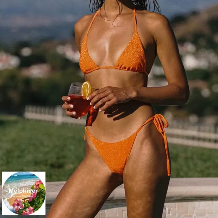 Melphieer Ensemble bikini 2 pièces sexy et brillant pour femme