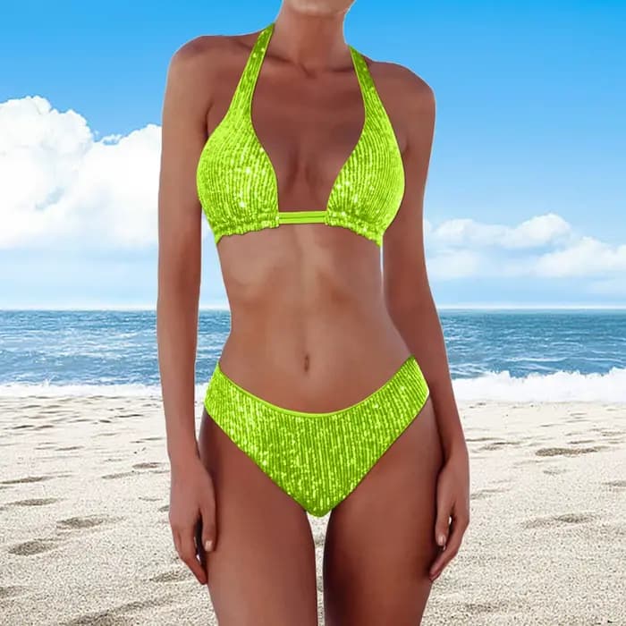 Ensemble de bikini scintillant à paillettes pour femmes, maillot de bain sexy brésilien à col halter et taille basse, couleur unie brillante, idéal pour les vacances à la plage