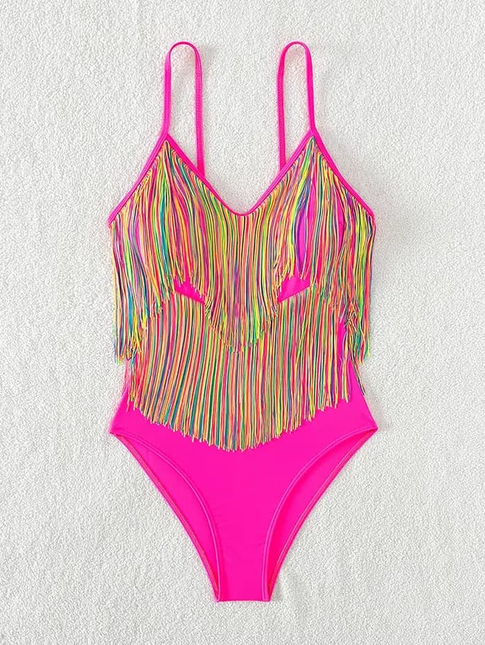 Maillot de bain une pièce sexy et coloré à franges 2026 pour femme, rose vif, push-up, effet ventre plat, dos nu, monokini de plage