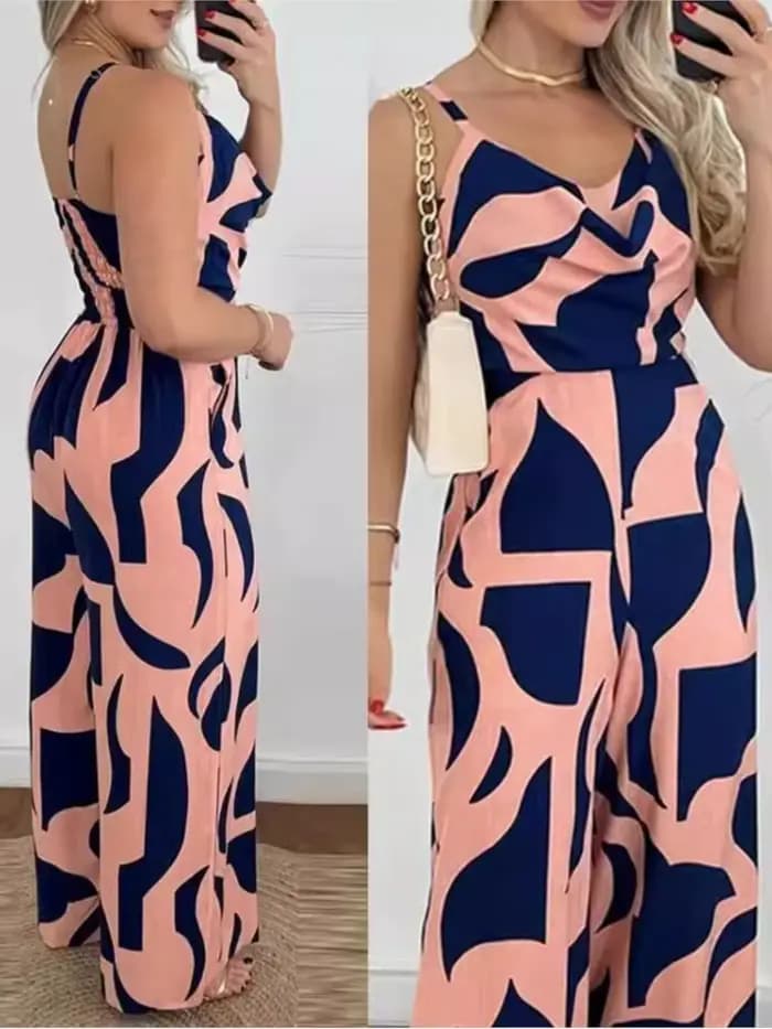 Combinaison à bretelles sexy pour femmes, vêtements de printemps et d'été, imprimé, dos nu, taille cintrée, jambe large, nouvelle mode