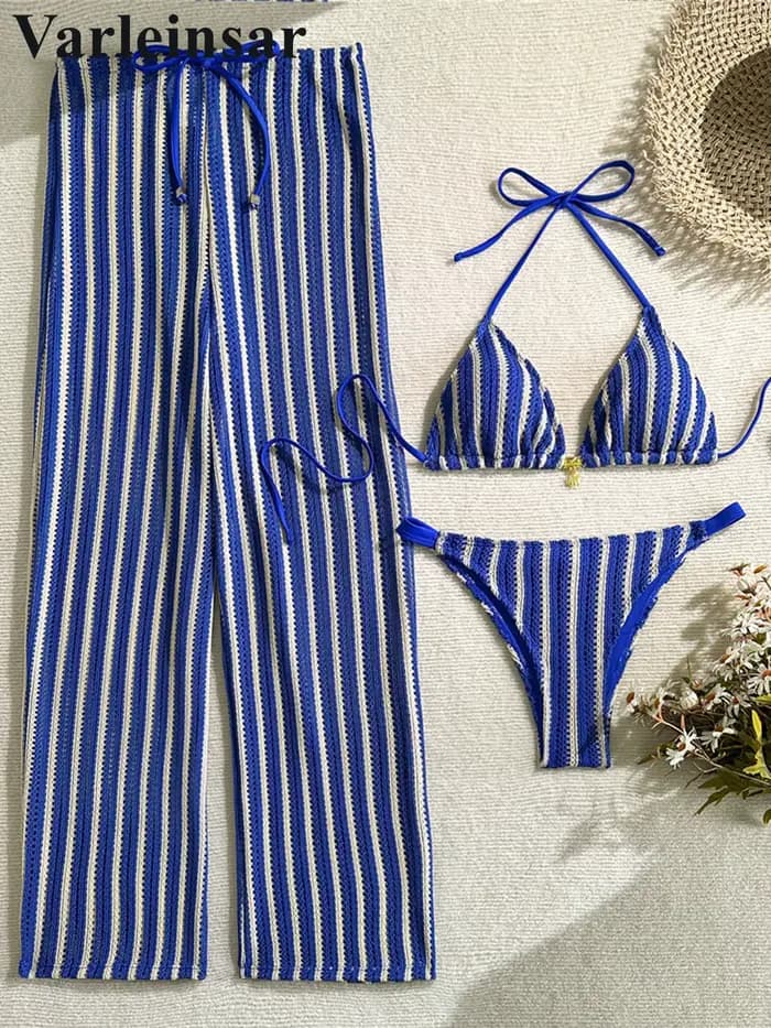 Maillot de bain trois pièces pour femme, ensemble bikini brésilien à rayures avec pantalon, maillot de bain V7838