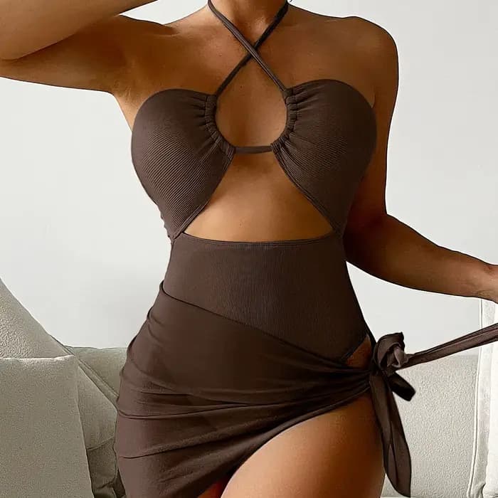 Cikini-Maillot de bain licou découpé pour femme avec jupe de plage