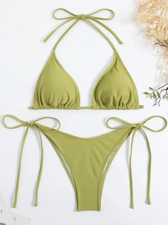 Sexy marron Bikini 2024 femmes solide rouge licou Push Up soutien-gorge cravate côté Triangle maillot de bain été