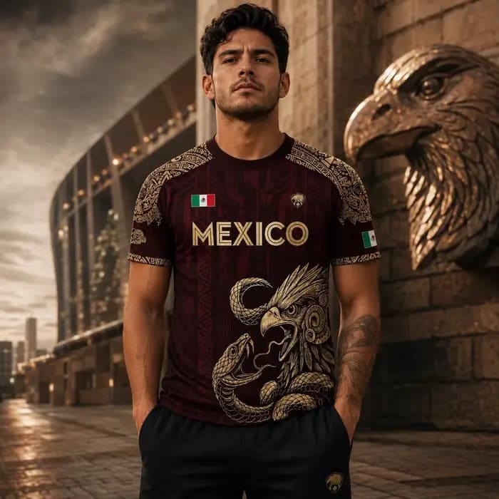 Maillot de football Mexique Homme Femme Aigle aztèque Serpent Graphique Drapeau Mexicain Manches Courtes Sportif Bordeaux Or Futbol