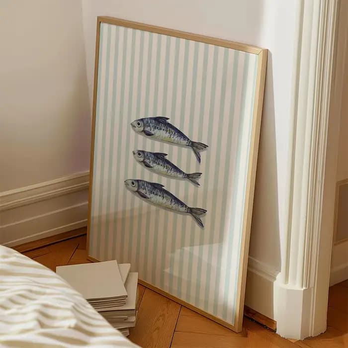 3 pièces/ensemble "La Dolce Vita" Sardines Bikini bleu rayure toile impression affiche moderne décor côtier été mur Art