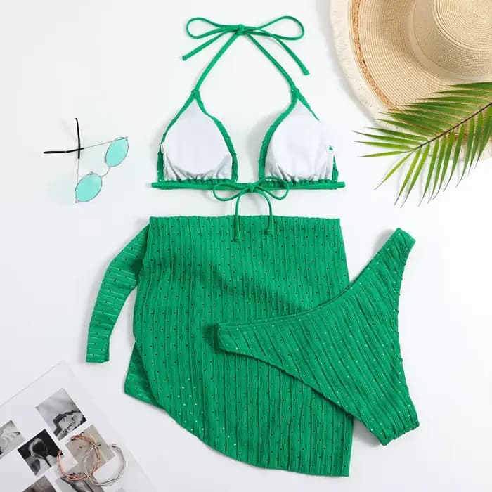 2025 été licou Bikini 3 pièces femmes matériel spécial Sexy string maillots de bain avec jupe Sarong