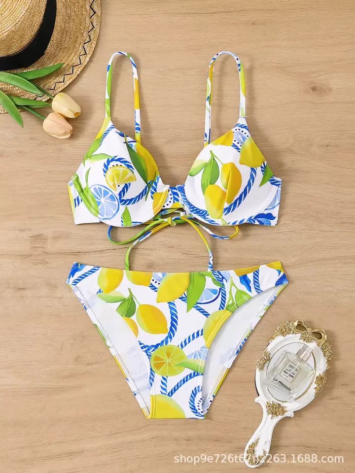 2025 Sexy citron imprimé Bikini ensemble Tropical maillot de bain deux pièces brésilien effronté culotte Triangle haut