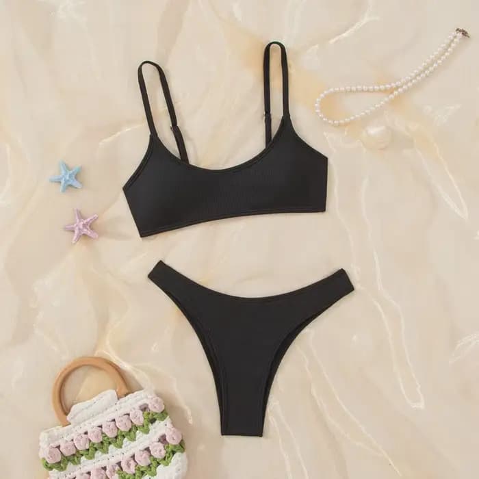 Maillot de bain bikini côtelé uni pour femme