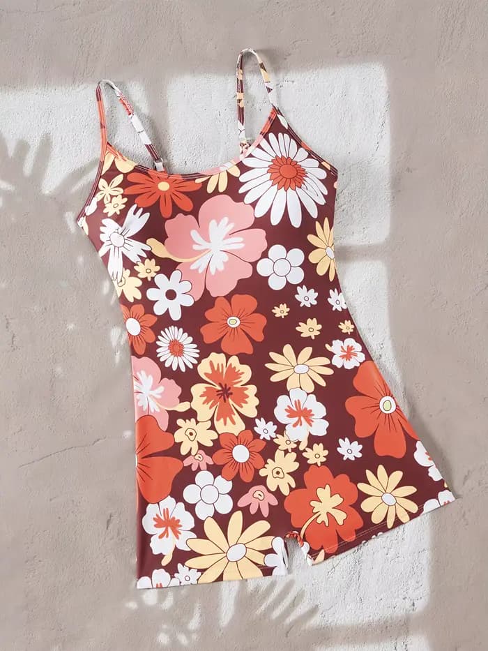 Maillot de bain une pièce pour femme avec un joli imprimé floral en orange