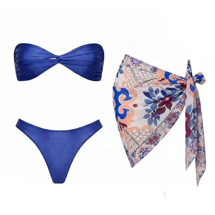 Ensemble bikini 3 pièces bandeau 2026 – Nouveau maillot de bain sexy pour femme avec paréo imprimé – Tenue de plage féminine