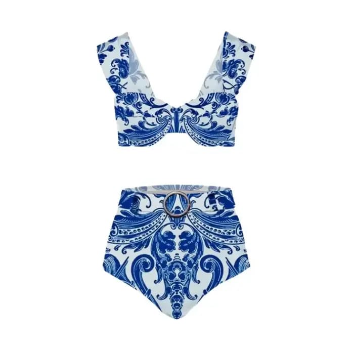 Nouvelle Collection : Ensemble Bikini Taille Haute Imprimé Rétro pour Femme – Maillot de Bain Deux Pièces Élégant avec Jupe de Plage pour Vacances et Bains Thermales