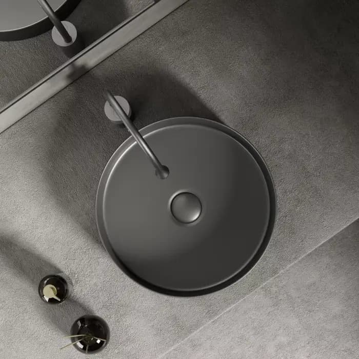 Lavabo de salle de bain moderne en céramique : blanc/gris foncé, finition mate, diamètre 36 cm/14 pouces, adapté à la vanité de salle de bain (sans robinet)
