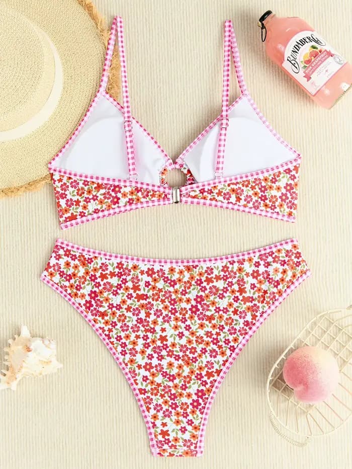Rose rouge fleur imprimé Bikini ensemble femmes 2025 été nouveau taille haute 2 pièces maillot de bain col en v soutien-gorge Push jarretelle dos nu maillots de bain