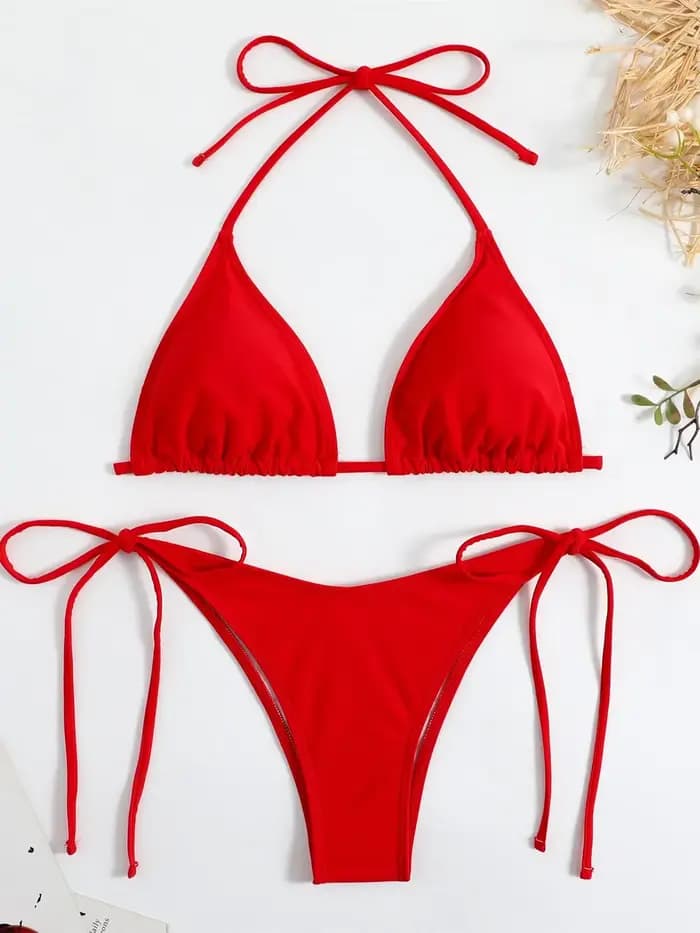 Sexy marron Bikini 2024 femmes solide rouge licou Push Up soutien-gorge cravate côté Triangle maillot de bain été