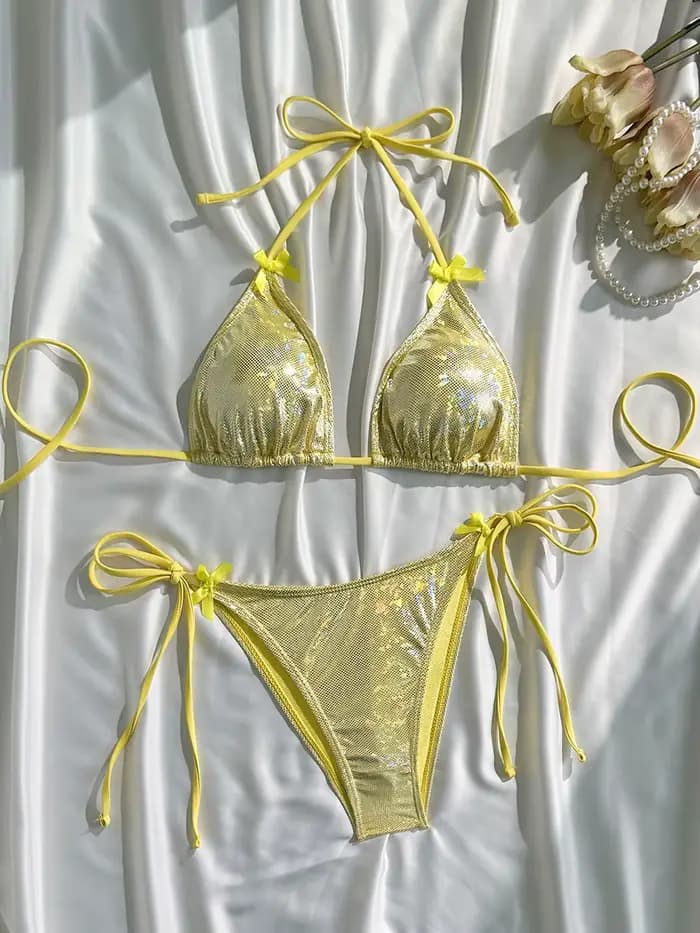 Maillot de bain femme deux pièces à paillettes scintillantes, style halter avec nœud, coupe haute