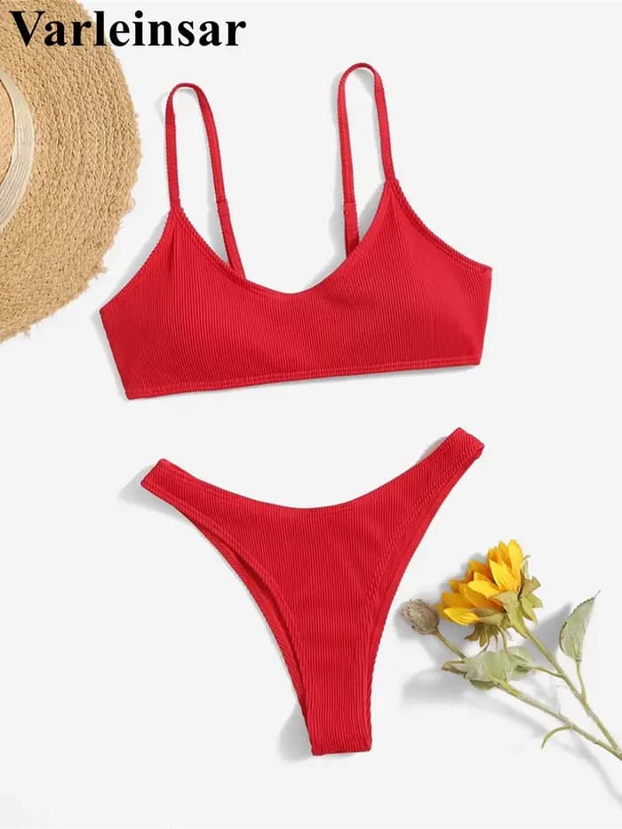Maillot de bain bikini côtelé à coupe haute pour femme