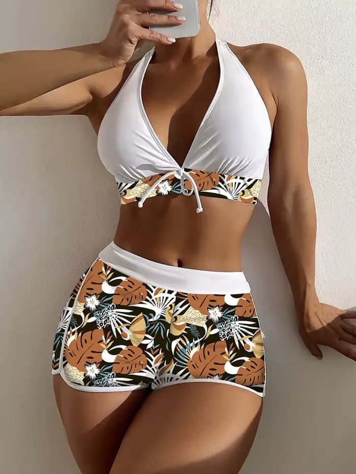 Maillot de bain deux pièces imprimé floral, sexy, taille haute, avec boxer, style brésilien, bikini, pour femmes, vêtements de plage, 2024