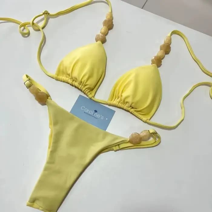 Boho Chic deux pièces ensemble de Bikini avec détails en pierre couleur unie taille haute maillot de bain vacances