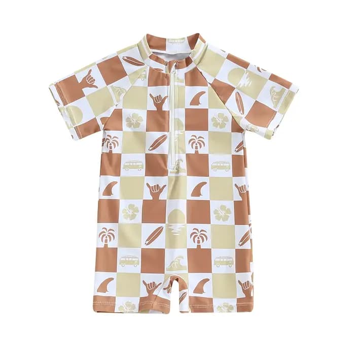 Maillot de bain à manches courtes pour bébé garçon, vêtements de plage pour tout-petits, imprimé arbre mignon, barboteuse à fermeture éclair, maillots de bain trempés pour garçons