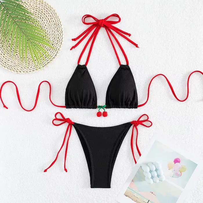 Sexy rouge cerise Bikini ensemble femmes côtelé Push Up Micro maillots de bain plage maillot
