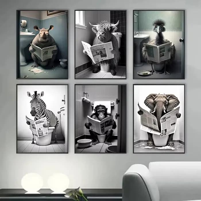 Décoration murale amusante pour salle de bain, Animal humoristique, singe, chien, vache assise sur les toilettes, lecture de journaux, affiche d'art imprimée, peinture sur toile