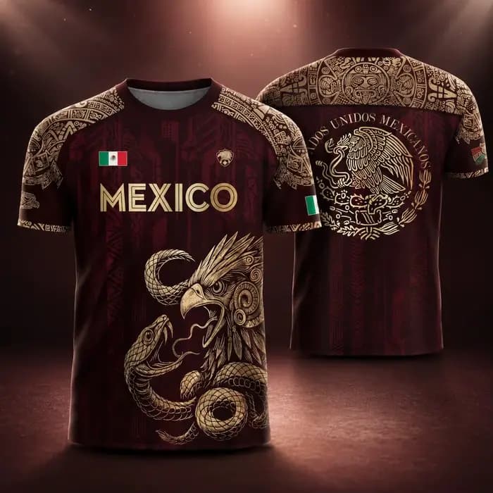 Maillot de football Mexique Homme Femme Aigle aztèque Serpent Graphique Drapeau Mexicain Manches Courtes Sportif Bordeaux Or Futbol
