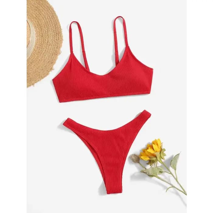 Maillot de bain bikini côtelé uni pour femme