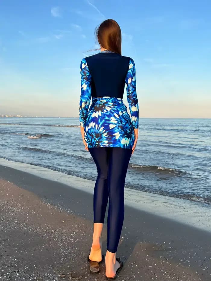 Burkini bleu à manches longues pour femmes musulmanes
