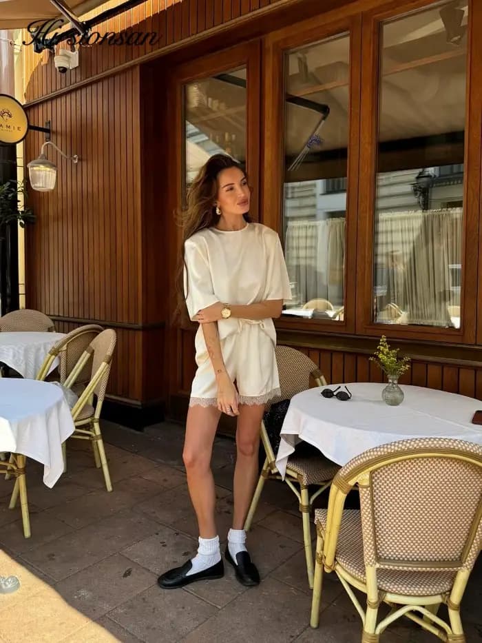 Hirsionsan – ensemble deux pièces pour femmes, hauts courts et shorts en dentelle, tenue élégante de haute qualité, survêtement doux
