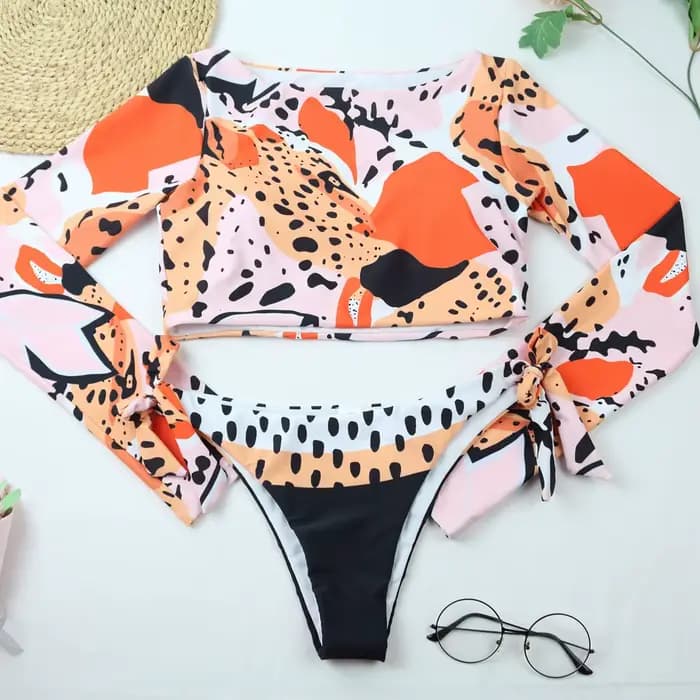 Maillot de bain deux pièces imprimé léopard pour femmes, Rashguard, manches longues, Push-Up, vêtements de plage, été