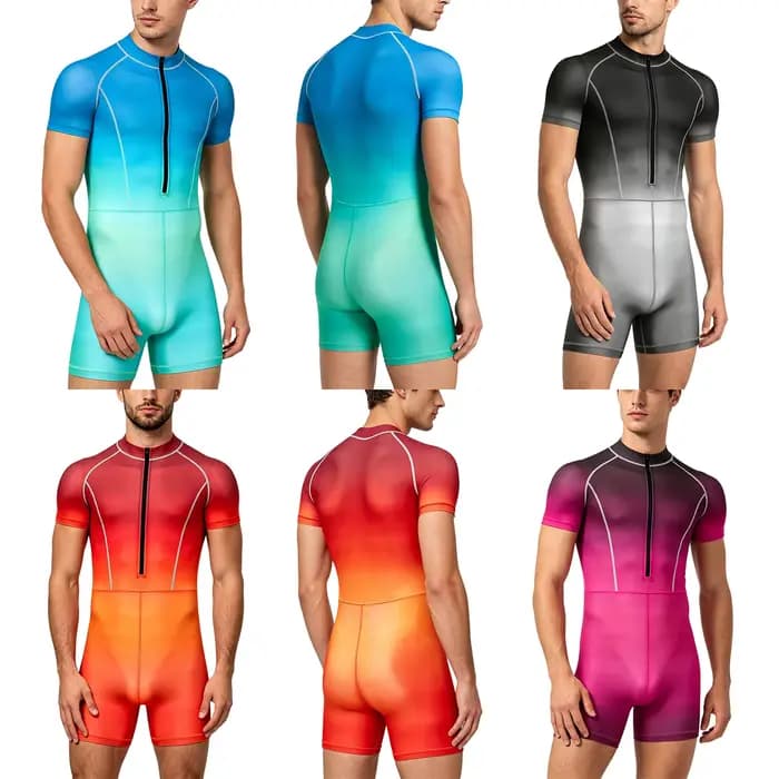 Combinaison de bain dégradée pour homme, manches courtes, avec fermeture éclair, pour la natation, le surf, la plage, la piscine et les sports nautiques