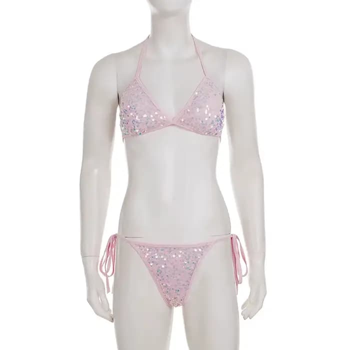 Ensemble de bikini sexy en dentelle rose à lacets pour les vacances à la plage