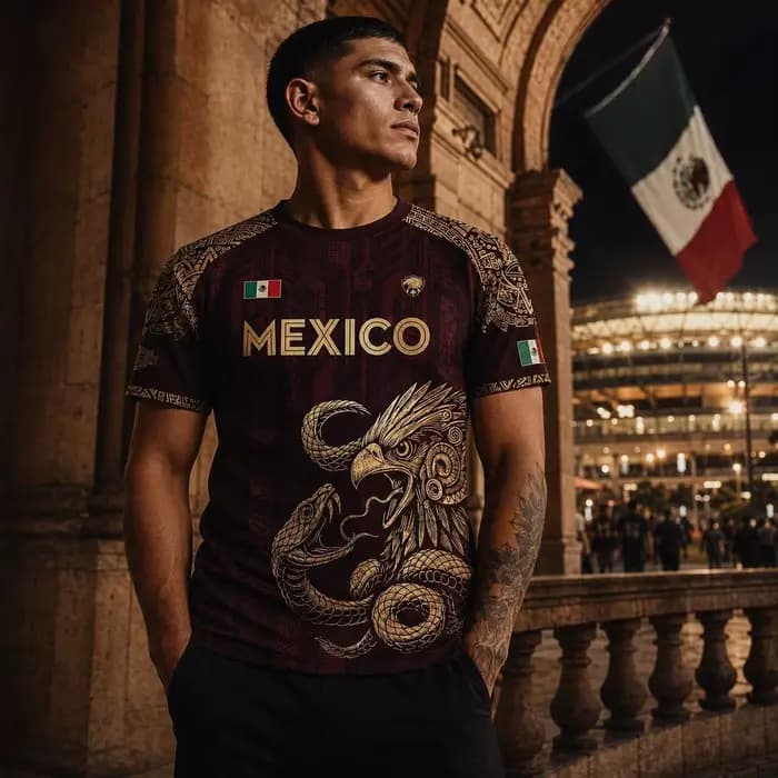 Maillot de football Mexique Homme Femme Aigle aztèque Serpent Graphique Drapeau Mexicain Manches Courtes Sportif Bordeaux Or Futbol