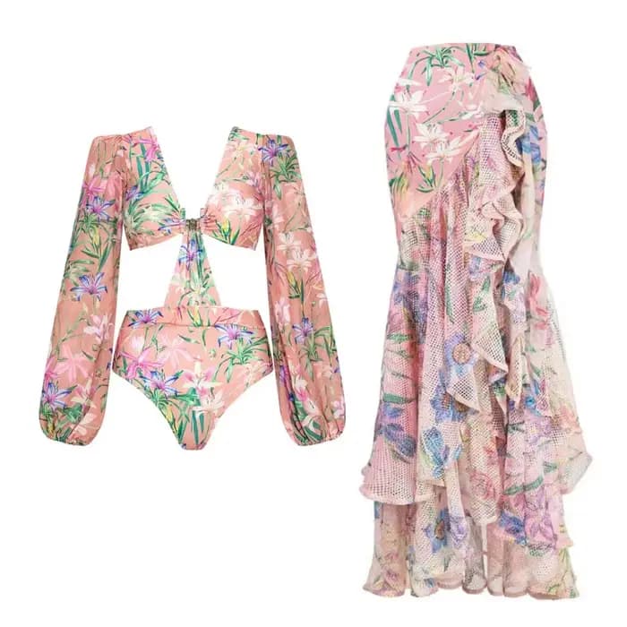 Femmes maillots de bain été imprimé fleuri col en v maillot de bain une pièce body Bikini ensemble plage Style porter robe Maxi jupe vacances