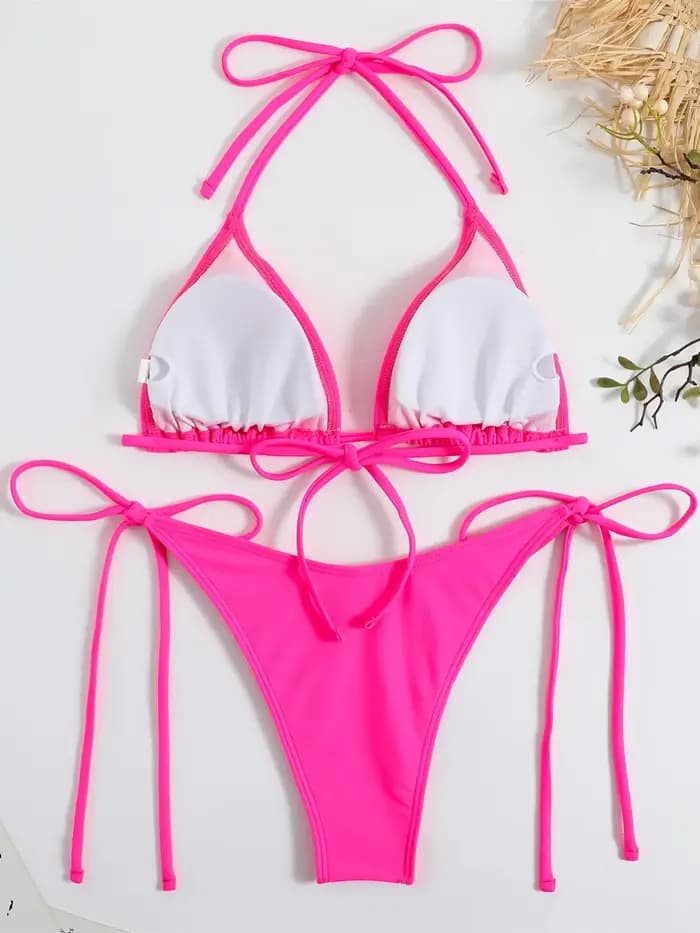 Sexy marron Bikini 2024 femmes solide rouge licou Push Up soutien-gorge cravate côté Triangle maillot de bain été