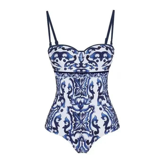 Offre spéciale de la saison Bikini deux pièces ensemble bleu porcelaine imprimé rétro plage vacances maillot de bain