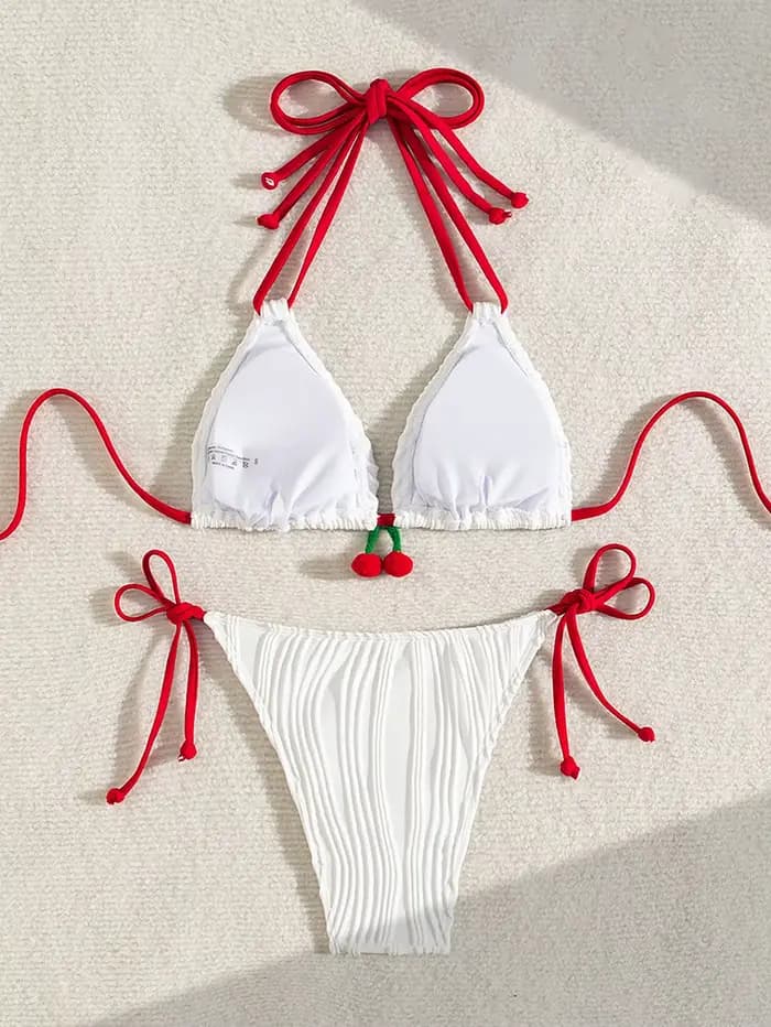 Sexy rouge cerise Bikini ensemble femmes côtelé Push Up Micro maillots de bain plage maillot