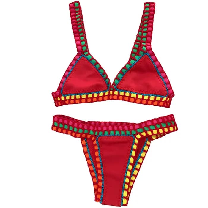 Femmes Boho Sexy maillots de bain avec élastique fait à la main rouge Crochet Beachweaar 2 pièces Bikini ensemble bord de piscine porter des tenues de vacances