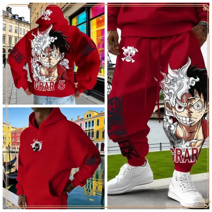 One Piece Luffy Gear 5 Ensemble pantalon à capuche Survêtement en coton rouge avec imprimé de personnages sur sweat à capuche Pantalon avant Côté Coupe ample Deux pièces