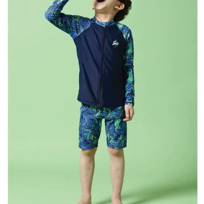 Maillot de bain à manches longues pour enfants, protection solaire pour garçons, haut à fermeture éclair avec short, chapeau anti-éruption, combinaison de plage, piscine, bain trempé