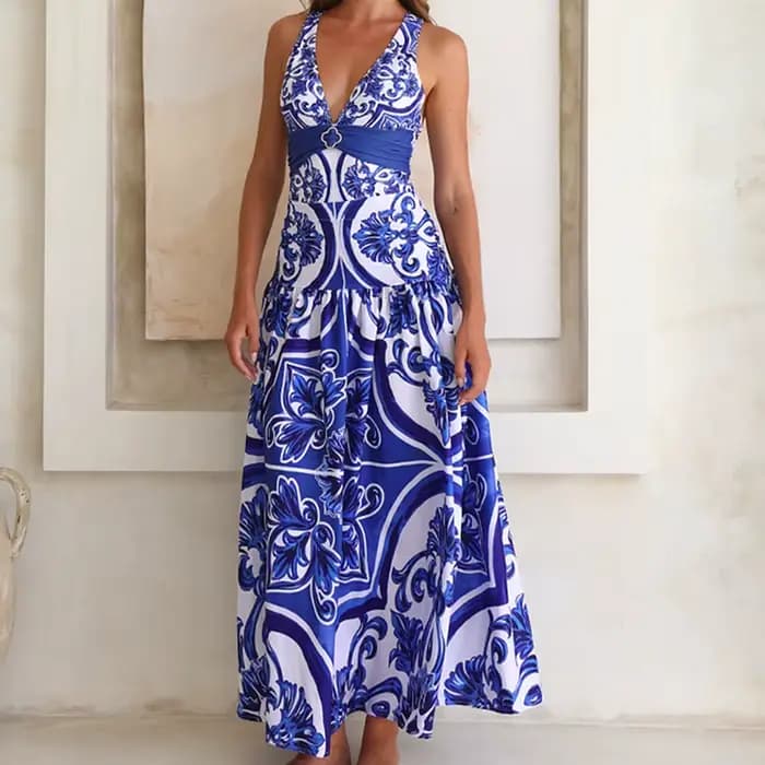 Femme maillots de bain 2025 robe de plage col en V classique majolica série motif imprimé une pièce maillot
