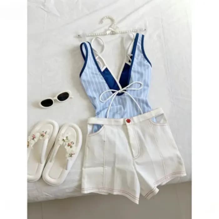 Maillot de bain une pièce rayé bleu et blanc Y2k pour femme, style plage, coupe ajustée, sexy, élégant, pour les vacances d'été