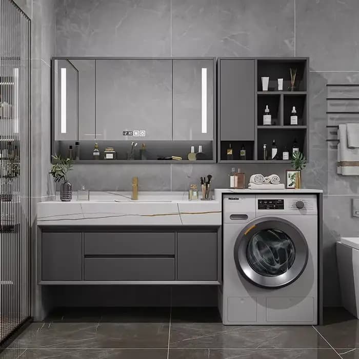 Meuble de salle de bain avec miroir lumineux, étagère murale de style nordique européen, meuble-lavabo avec tiroirs, meuble de toilette de luxe