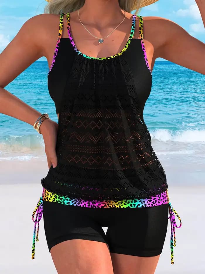 Rose vif Patchwork deux pièces maillot de bain femmes cordon côté débardeur taille haute court Tankini plage